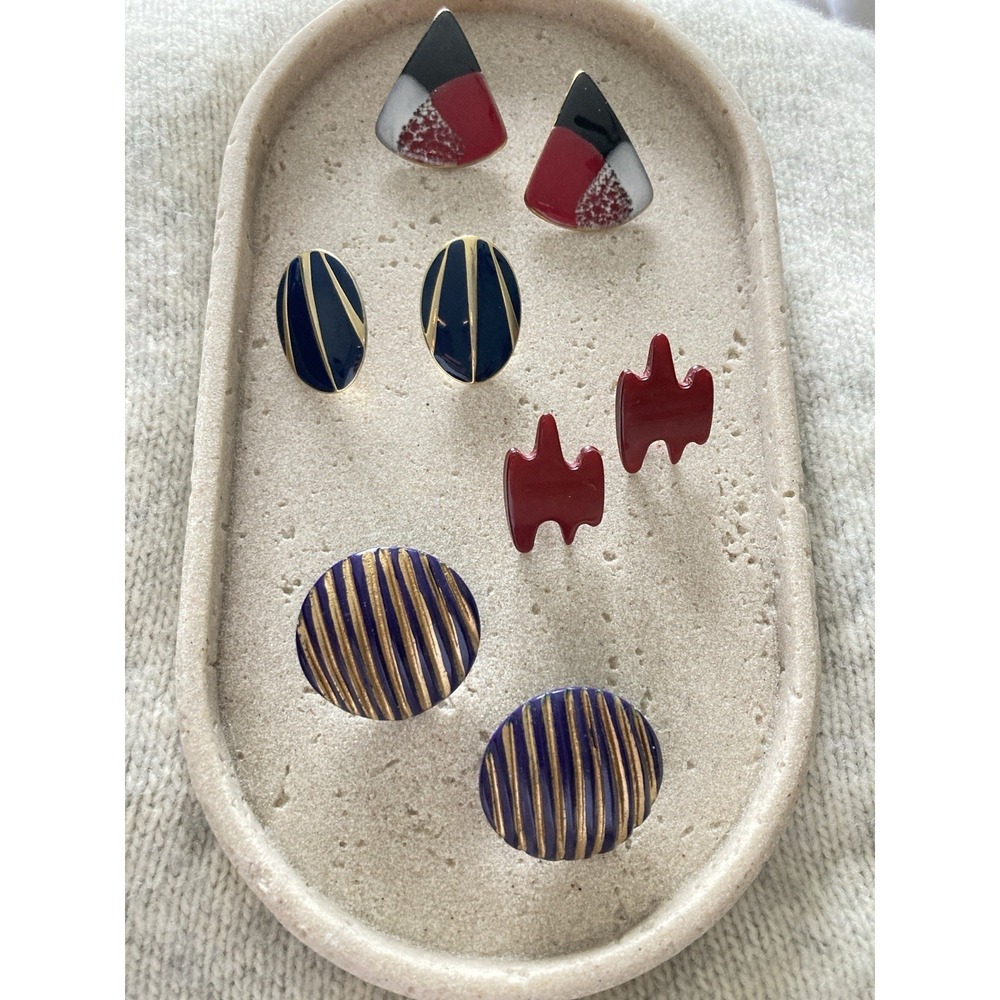 Vintage 80's Enamel Stud Earrings Set Of 4 Pairs Red Blue Gold Tone Retro Bold